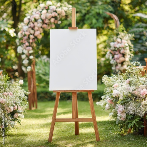 Eye-catching photo of blank white mock up sign on a wooden easel set in a lush outdoor garden with floral arches, perfect for wedding welcome signs or event seating charts.
