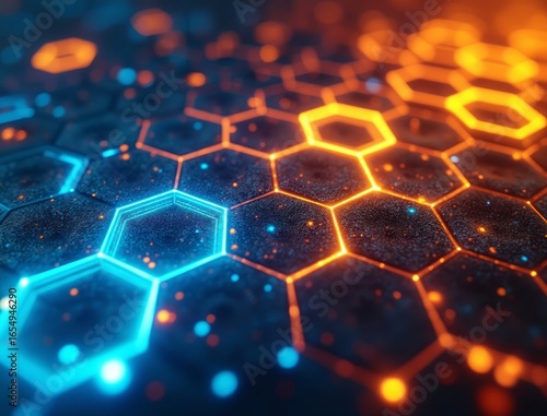Glowing hexagonal network of futuristic technology and data