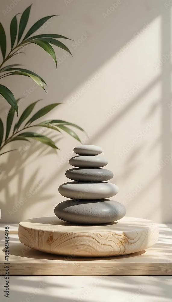 Minimalist Zen Stone and Leaf Still Life on Wooden Platform with Soft Natural Shadows Minimalist Zen Stone and Leaf Still Life on Wooden Platform with Soft Natural Shadows
