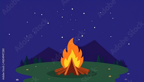 A campfire blazes brightly under a starry night sky, nestled beside a tranquil body of water and nestled in a peaceful forest scene.