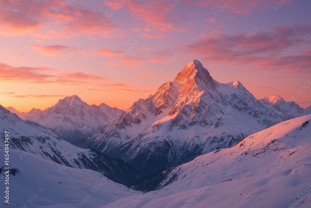 Fototapeta premium A breathtaking view of a snow-covered mountain range during sunrise