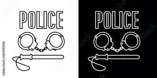 Handcuffs, baton and glasses icons set. Police equipment attributes. Police, security or law enforcement symbol. Crime, arrest or punishment symbol.
