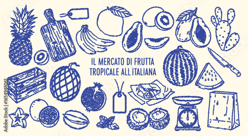 Tropical Fruit Market Icon Set. A blue grunge vector illustration of exotic and Italian fruits. A hand drawn doodle clipart of a pineapple, mango, and watermelon for a grocery store design.