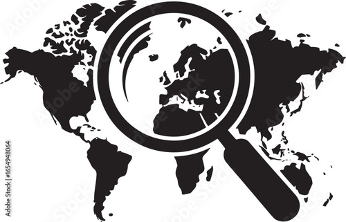 World Map with Magnifying Glass Icon for Global Exploration and Discovery Concept