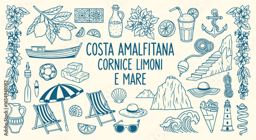 Amalfi Coast Icon Set. A blue line art vector illustration of an Italian summer vacation. A hand drawn doodle clipart of lemons, a beach, and the sea for a travel and holiday design.