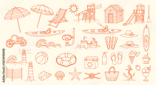 Summer Beach Icon Set. An orange line art vector illustration of vacation and outdoor activities. A hand drawn doodle clipart of an umbrella, kayak, and sandcastle for a holiday design.