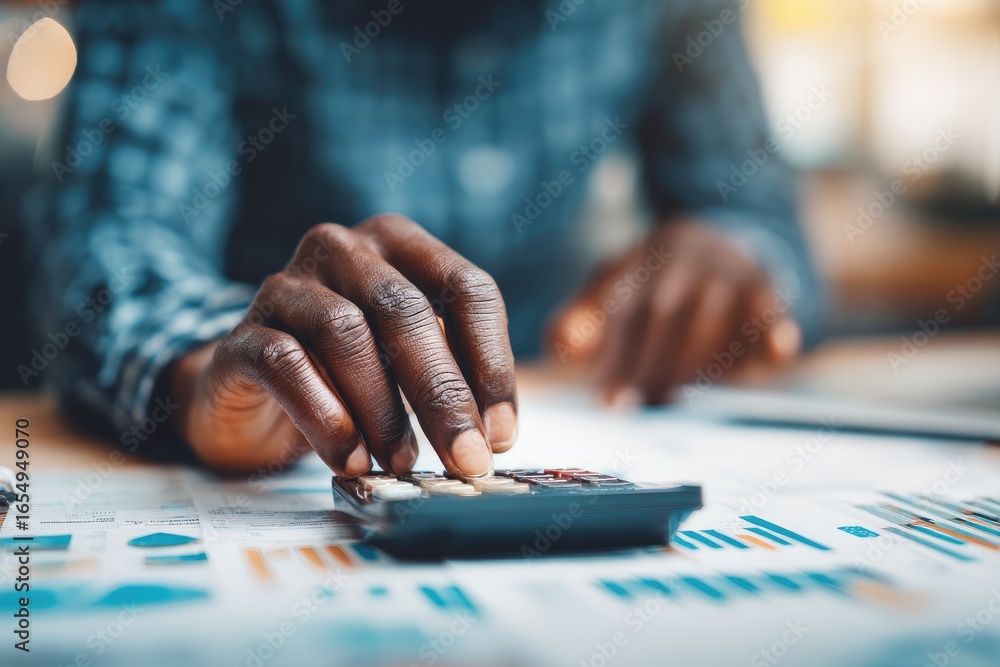 Fototapeta premium Close-up of hands using calculator over financial documents