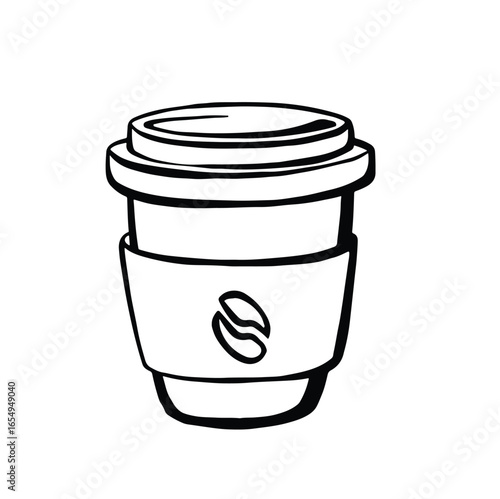 Coffee cup with cupholder and lid vector line monochrome