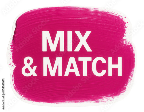 Vibrant pink tag sticker with MIX & MATCH offer in bold, eye-catching lettering, striking retail promotion on transparent background.