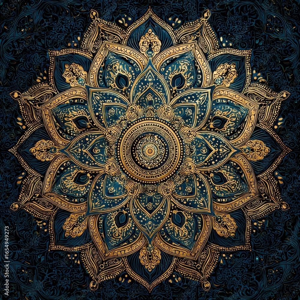 Fototapeta premium Eye-catching photo of intricate Gold Mandala Pattern on Dark Blue Background.
