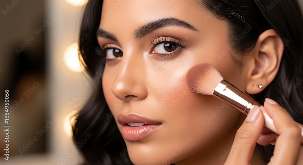 Beautiful young woman applying blush with a makeup brush creating a glowing rosy cheek for a perfect natural makeup look and flawless skin Beautiful young woman applying blush with a makeup brush creating a glowing rosy cheek for a perfect natural makeup look and flawless skin