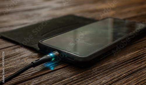 Illuminated Phone Charging on a Wooden Surface