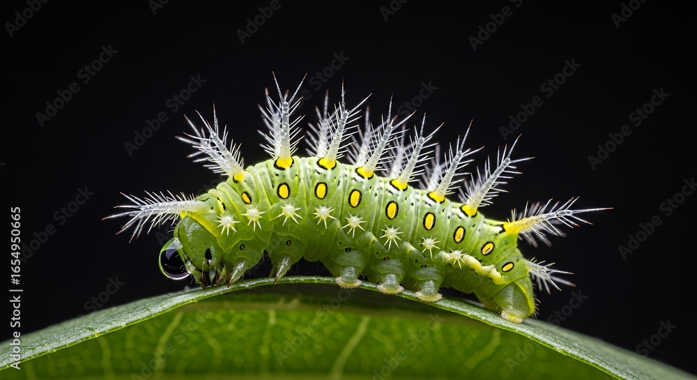 Fototapeta premium CloseUp of a Vibrant Green Caterpillar with White Bristles Resting on a Leaf Against a Dark Background Macro Photography