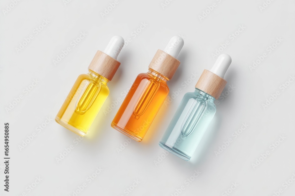Naklejka premium Elegant arrangement of three glass dropper bottles showcasing vi
