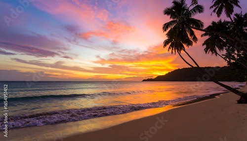Fototapeta Naklejka Na Ścianę i Meble -  A tropical beach at sunset, showcasing a vibrant array of colors in the sky and ocean, with swaying palm trees silhouetted against the golden hour light.
