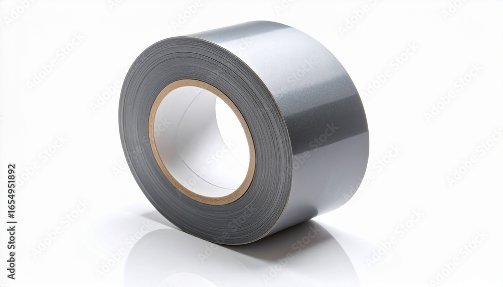 Silver duct tape roll with unrolled strip on white surface, cylindrical shape with cardboard core and reflective finish Silver duct tape roll with unrolled strip on white surface, cylindrical shape with cardboard core and reflective finish