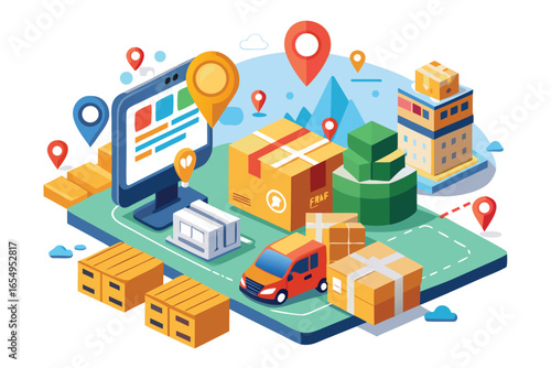 Isometric Parcel Delivery Network with Location Pins, Boxes, and Dynamic Logistics Platform Integration Visualization