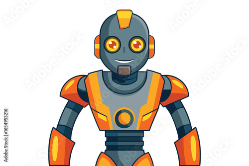 Detailed Cartoon Illustration of a futuristic Cybernetic Superhero or Robot with a sleek and formidable design aesthetic on a white background