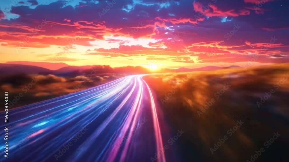 Sunrise road through flowers Sunrise road through flowers