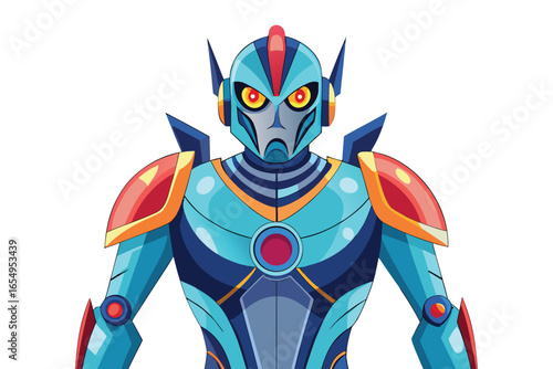 Detailed Cartoon Illustration of a futuristic Cybernetic Superhero or Robot with a sleek and formidable design aesthetic on a white background
