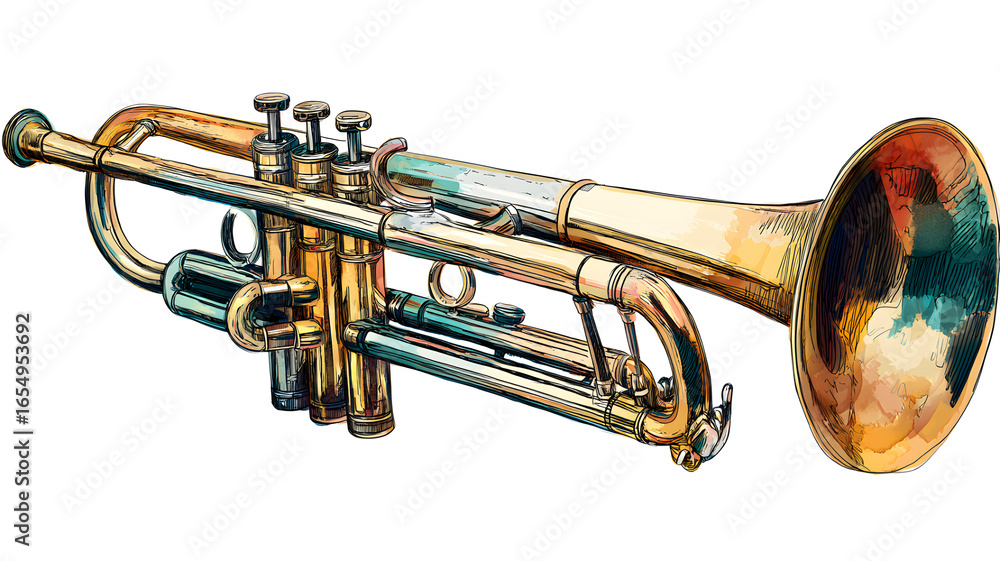Obraz premium vector illustration of hand-drawn trumpet isolated, brass trumpet isolated, trumpet isolated, vintage brass trumpet