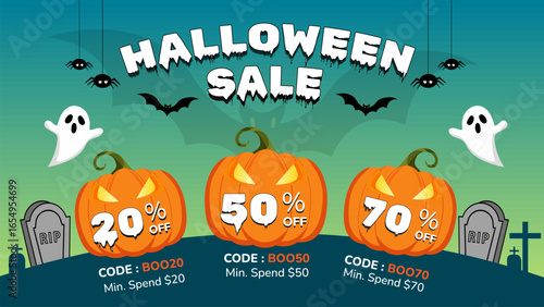 Halloween sale discount Banner template with Haunted House and Full Moon for Celebrations. Great for party events, clubs, and online invitations.