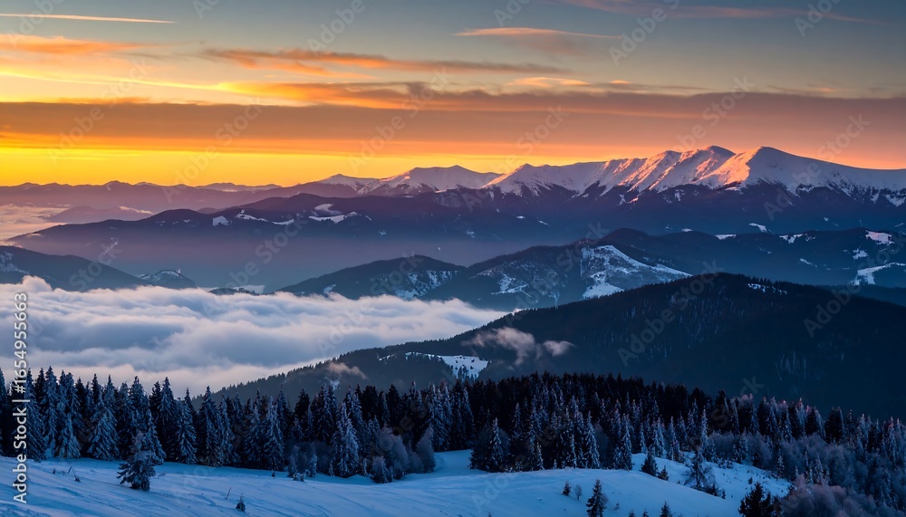 Obraz premium Winter sunrise over snowy mountains
