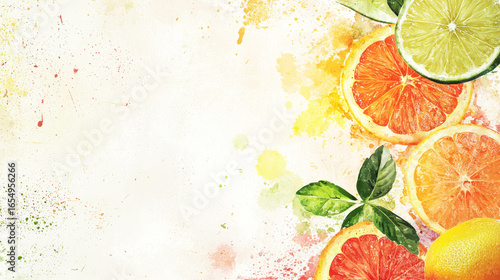 Crisp slices of orange and lime on a textured background with splatters of watercolor paint.