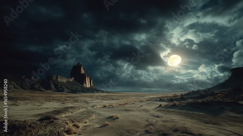 Dramatic moonlit desert landscape with towering rock formations and stormy sky at night moody cinematic
