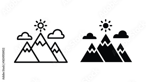 Sunny Mountain Peak Icons: Line Art and Solid Black Versions, Ideal for Nature, Travel, and Adventure Branding,  Representing Serenity and Exploration.
