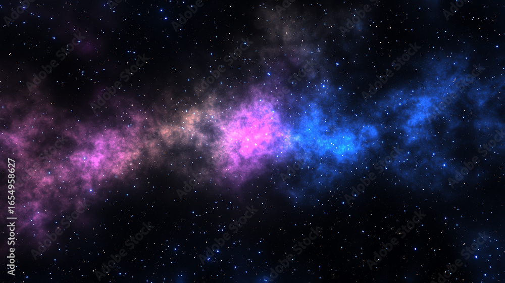 Naklejka premium A vibrant display of cosmic nebulae in space, showcasing swirling clouds of pink and blue stardust against a dark backdrop.