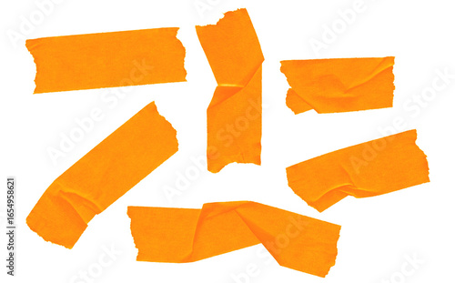 Orange Masking Tape Pieces on Transparent Background - Realistic Adhesive Strips for Crafts, Scrapbooking, and Design Projects on a Clear Surface.