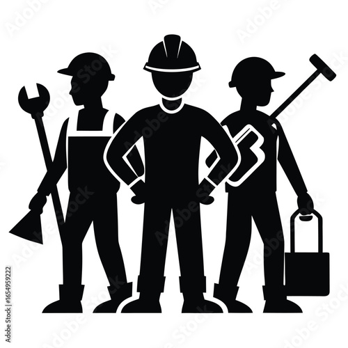 Adobe IllustratoSilhouette of Three Construction Workers with Tools Standing Together, Emblem for Skilled Trades and Labor Unionsr Artwork