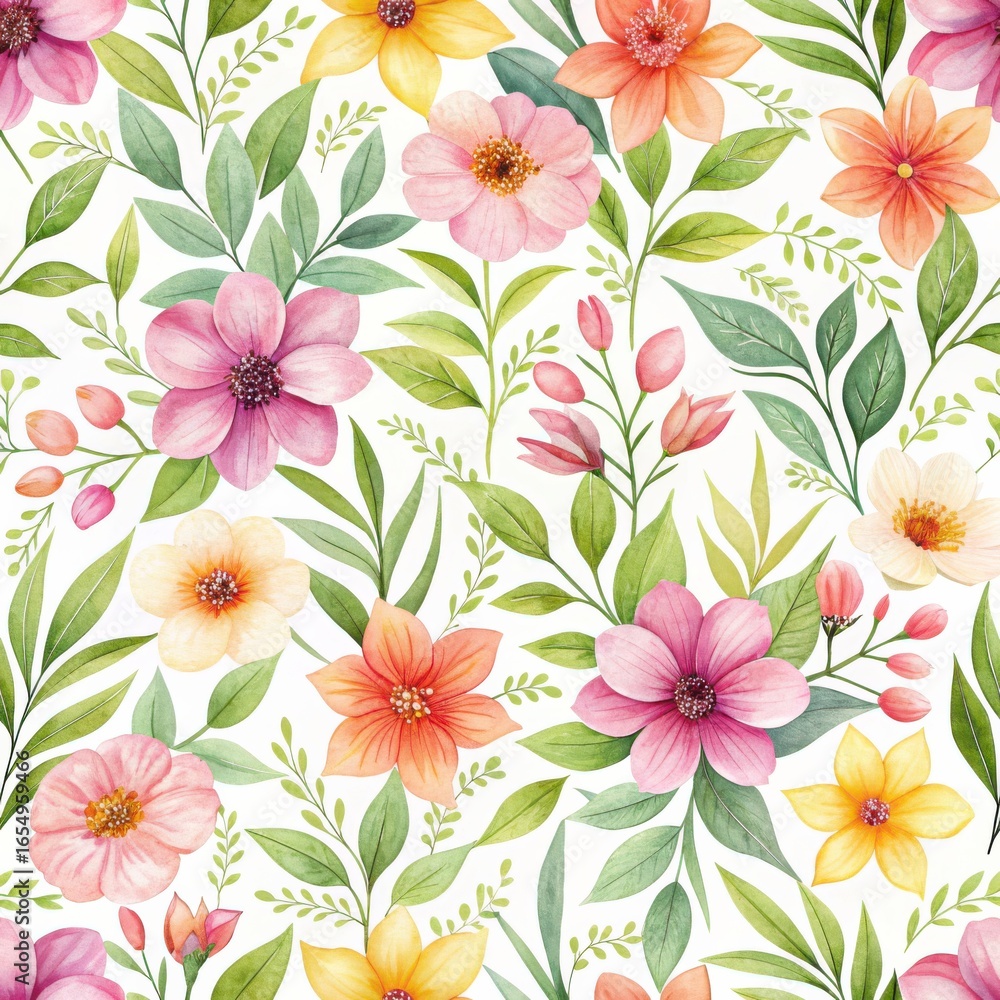 Fototapeta premium Seamless hand drawn watercolor floral pattern with pastel pink, yellow and orange blooms and green leaves on a white background.