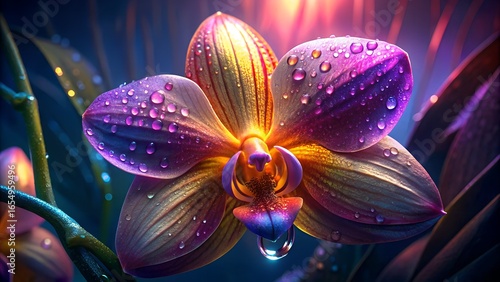 A vibrant purple orchid blossom with delicate petals blooms against an abstract, floral background