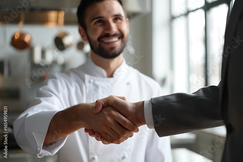 Fototapeta Naklejka Na Ścianę i Meble -  Chef and businessman shaking hands in a professional kitchen setting