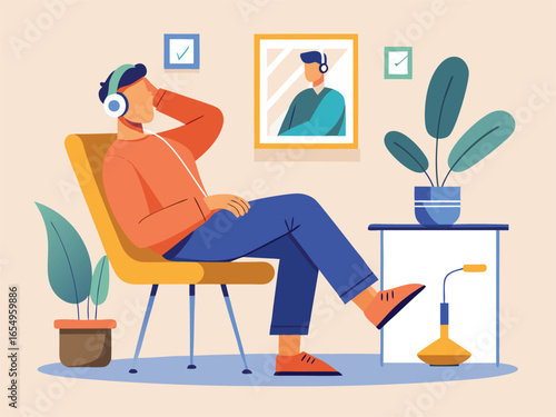 Man relaxing in a yellow chair with headphones on listening to music in a stylized apartment scene vector illustration