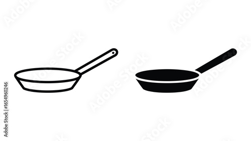 Simple Frying Pan Icons: Outline and Filled Vector Graphics for Culinary Websites, Apps, and Recipe Books; Minimalist Black and White Style.