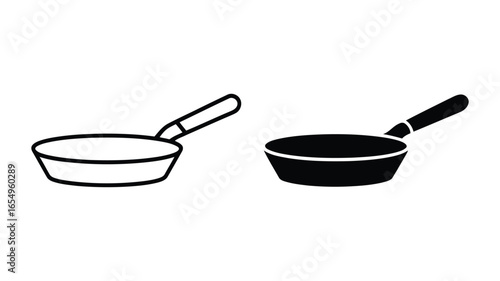 Simple Line Art and Solid Frying Pan Icons:  Versatile Kitchenware Graphics, Minimalist Style, Clean and Modern Design, Perfect for Culinary Websites, Recipe Blogs, and Cookbooks.