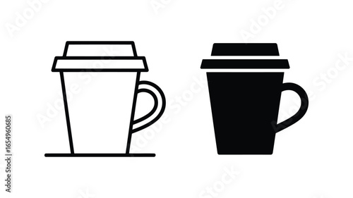 Simple Line Art and Solid Black Icons: Two Takeaway Coffee Cups with Handles, Minimalist Design, Clean and Modern Style, Perfect for Branding, Website, or App Design.
