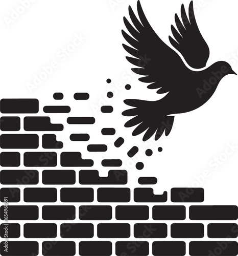 Dove Flying from Broken Wall Illustration, Freedom Concept, Black on Transparent Backdrop