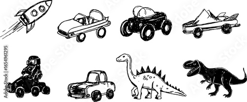 Dynamic black and white sketch set of action vehicles and dinosaurs for creative projects