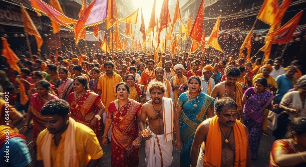 Fototapeta premium Vibrant Religious Procession with Devoted Crowds and Numerous Orange Flags