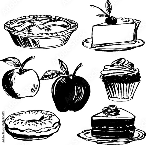 Delicious apple and dessert sketch set in black and white for design and decoration