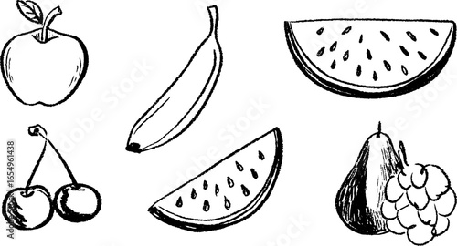 Black and white hand drawn fruit sketch collection: apple, banana, watermelon, cherry, pear, and berries