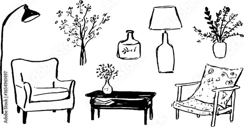 Black and white sketch collection of armchair and home decor elements for interior design