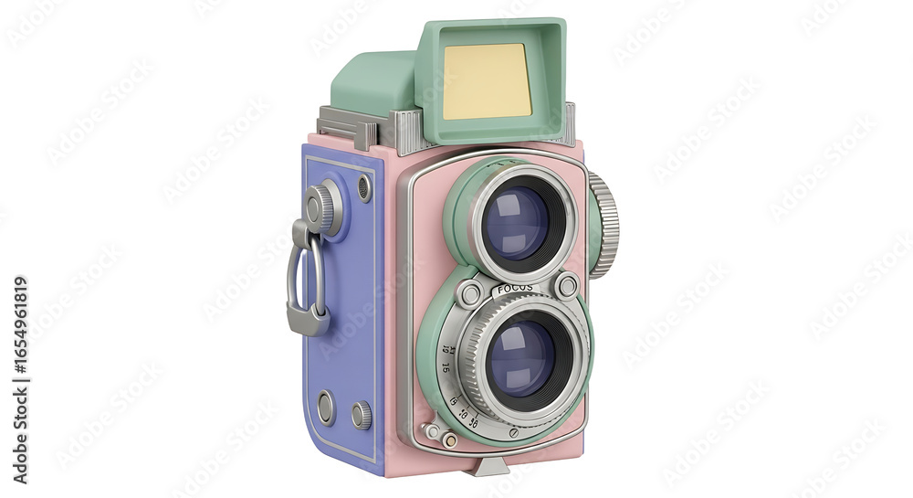 Fototapeta premium A charming retrostyle twinlens reflex camera in pastel pink blue and green colors.