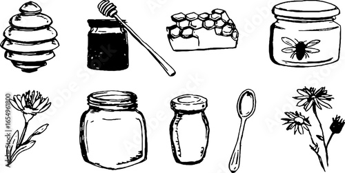 Black and white sketch collection of beehive and bee-themed objects for print and design