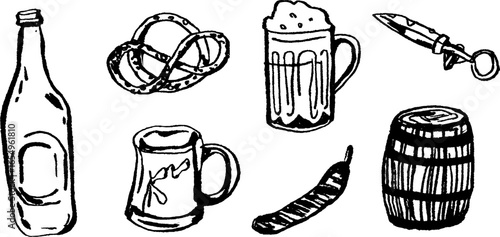Hand drawn black and white beer set with barrel, pretzel, and bottle for illustration and design
