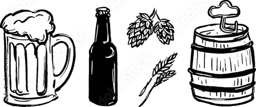 Black and white sketch set of beer elements including mug, bottle, hops, wheat, and barrel